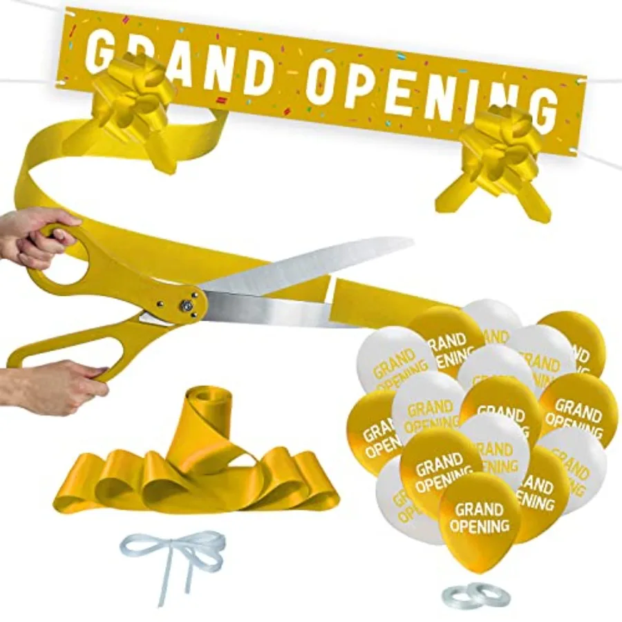 

Grand Opening Ribbon Cutting Ceremony Kit - 25" Giant Scissors with Satin Ribbon, Banner, Balloons, Bows and More Supplies Gran