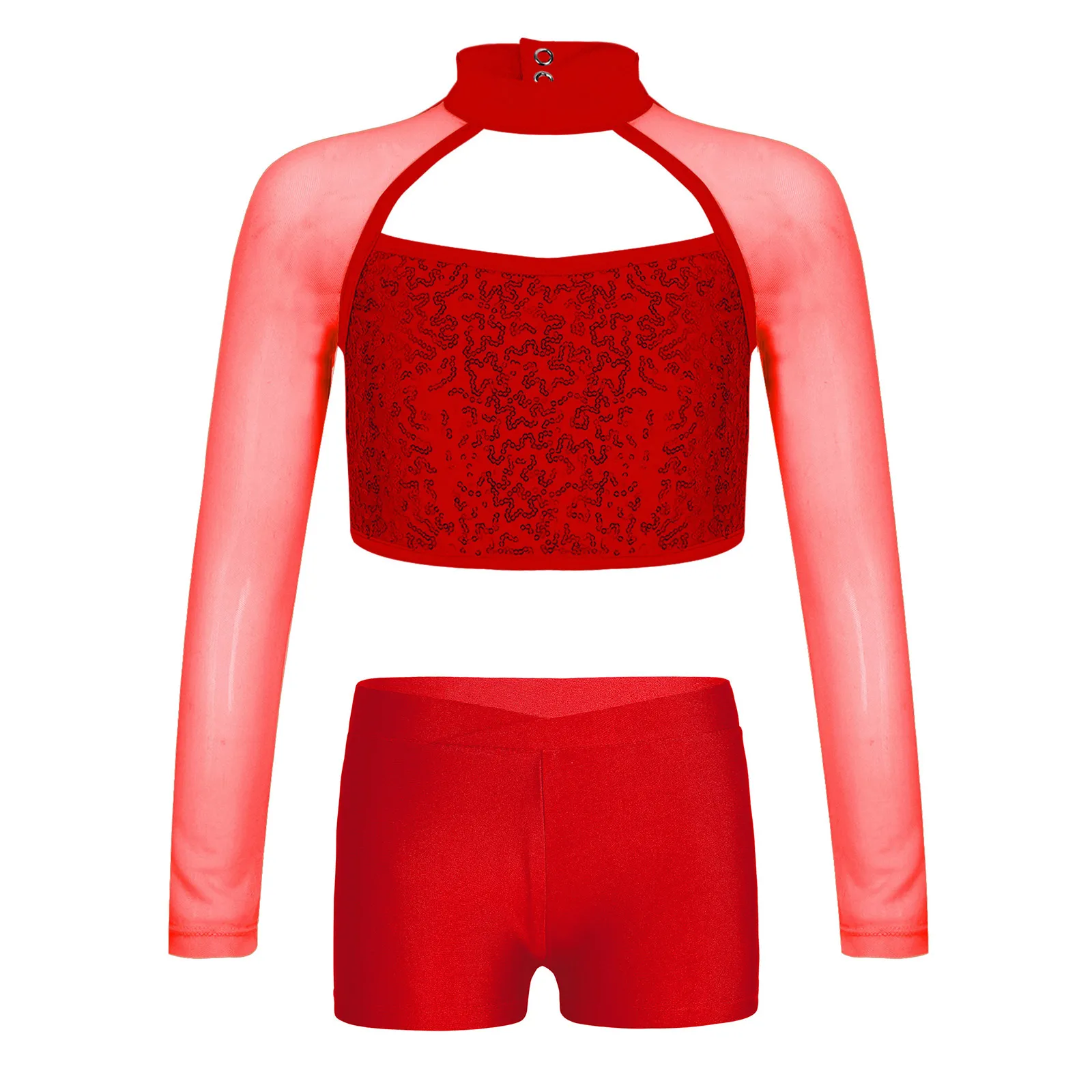 

Одежда для джазовых танцев в стиле хип-хоп для девочек, прозрачная сетка, гимнастический танцевальный костюм черлидинга, укороченный топ с длинными рукавами и блестящими пайетками и шортами