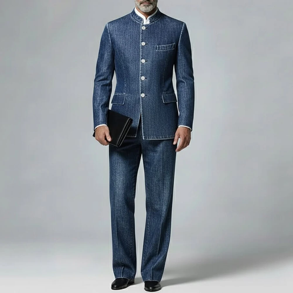 

Роскошные повседневные мужские костюмы, модные однобортные костюмы с лацканами-стойкой, приталенный комплект из двух предметов, куртка, брюки, полный комплект, роскошная мужская одежда, блейзер