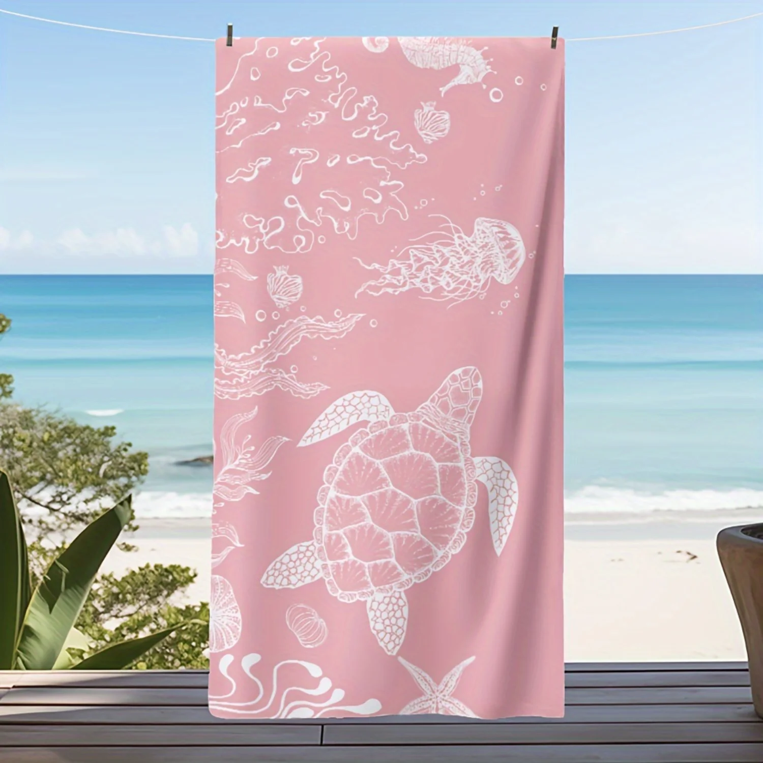 Colorful Pink Sea Turtle Jellyfish Pattern Beach Towel - Rapid-Dry Tech, Ideal for Travel, Swims, Water Sports - Stylish Tropica