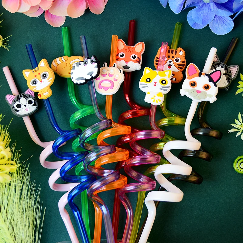 10-pack of spiral straws in kitten shapes. Reusable. Perfect for birthdays, bars, weddings, parties, and other occasions.