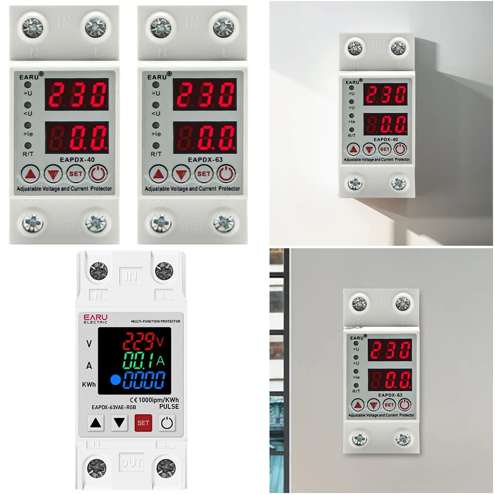 40A 63A 230V RGB Protector Relay Din Rail Over Under Voltage Protector Relay Adjustable Over Current Protection Limit