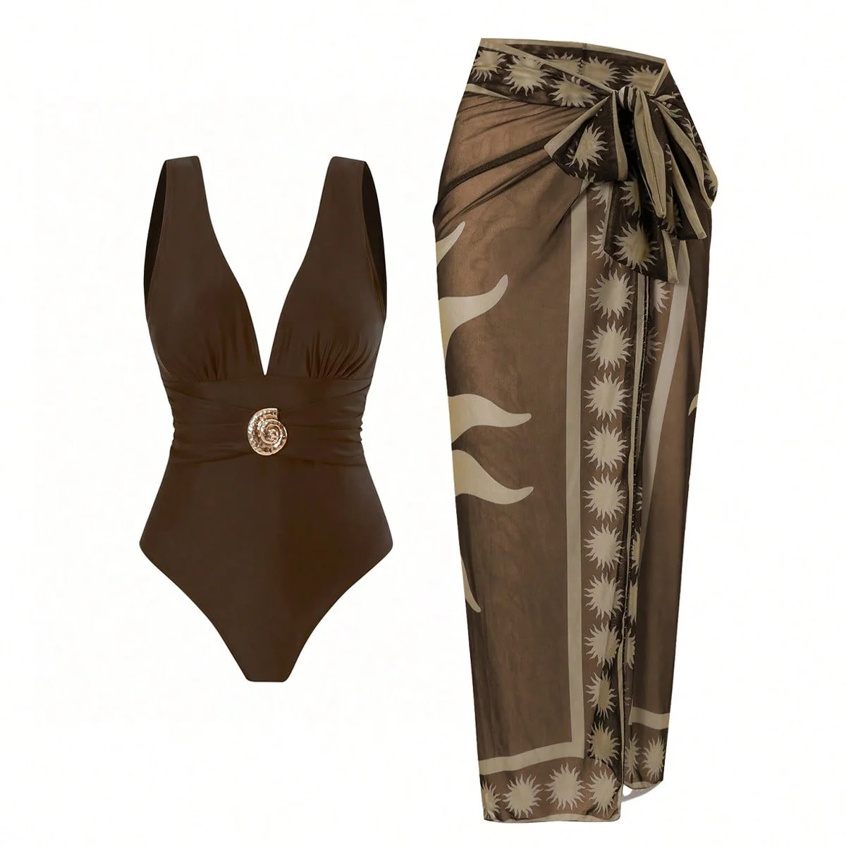 Brown One Piece Swimsuit V Neck Ruched Waist Conch Buckle + Sun Print Tie Wrap Midi Sarong Skirt 2 Pcs Women Beach Swimwear Set