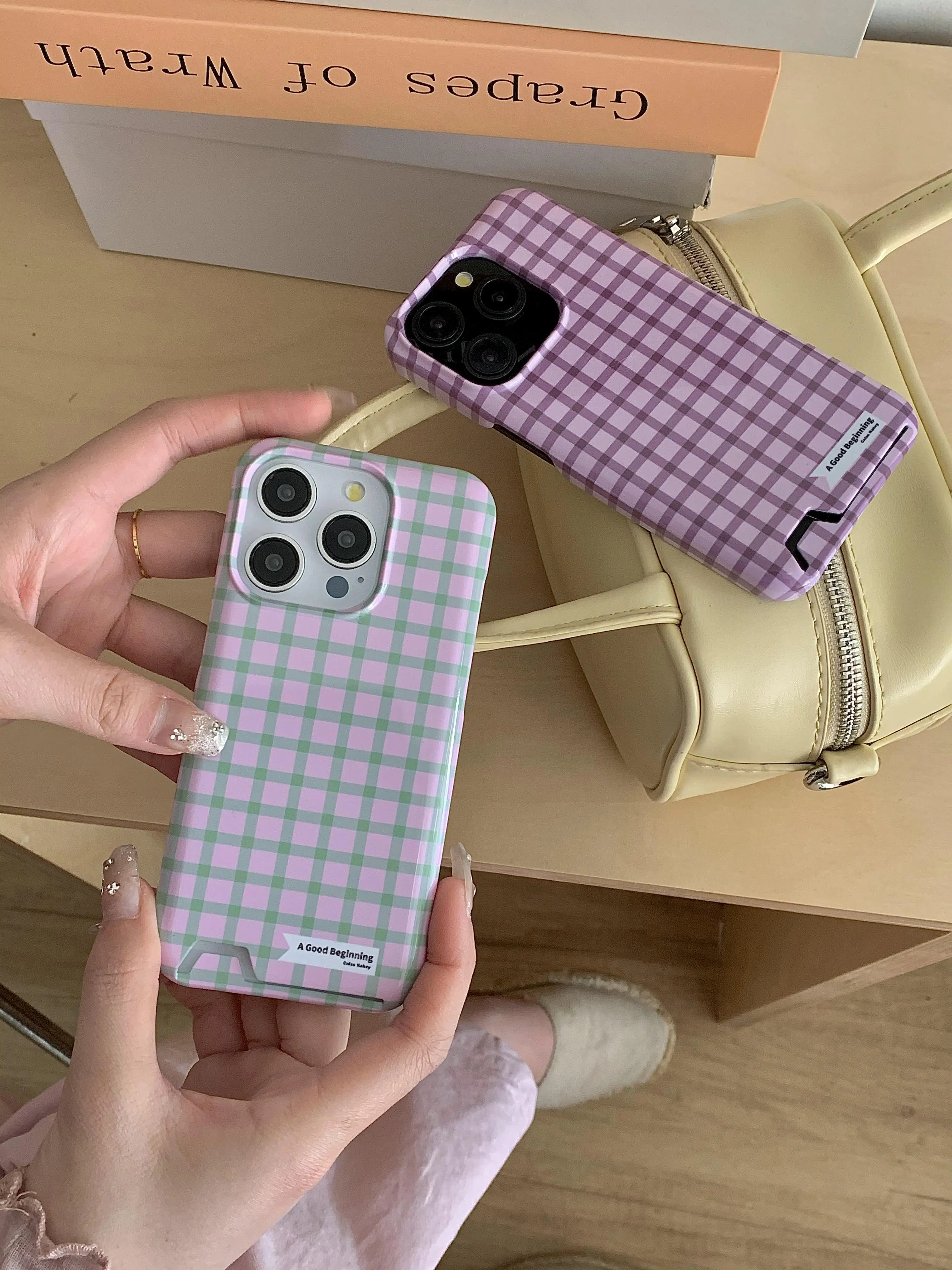 Ins Korean Simple Luxury Cute Lnsert Card Lattice Case for iPhone 11 12 13 14 15 Pro Max Portable Back Cover Stylish Girl Soft