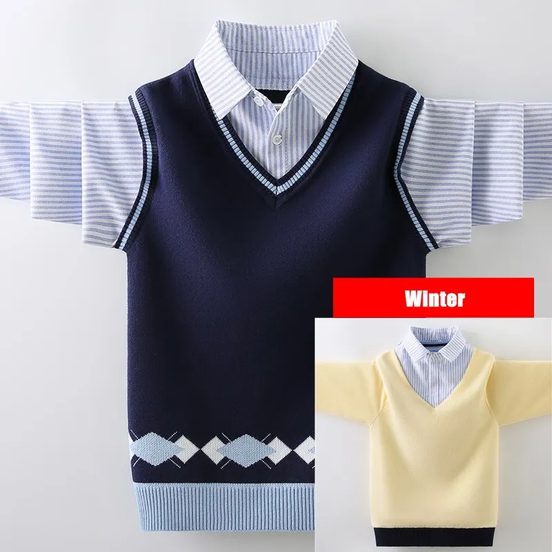 Boys School Uniform Turn Collar Vest Sweater Kids Knitted Warm Casual Pullovers For Children 4-15 Years Autumn Winter Clothes