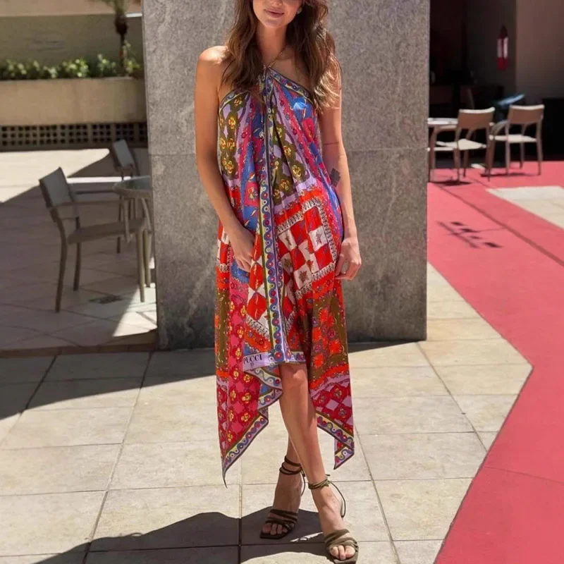 Ethnic Retro Print Irregular Long Dresses Spring Sexy Halter Backless Hollow Boho Dress New Summer Loose Satin Woman Party Dress