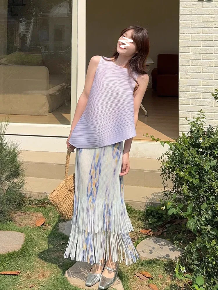 

Summer Light Purple Halter Neck Printed Tassel Skirt Set Women's Fashion Casual Style Polyester Breathable Two-Piece Suit