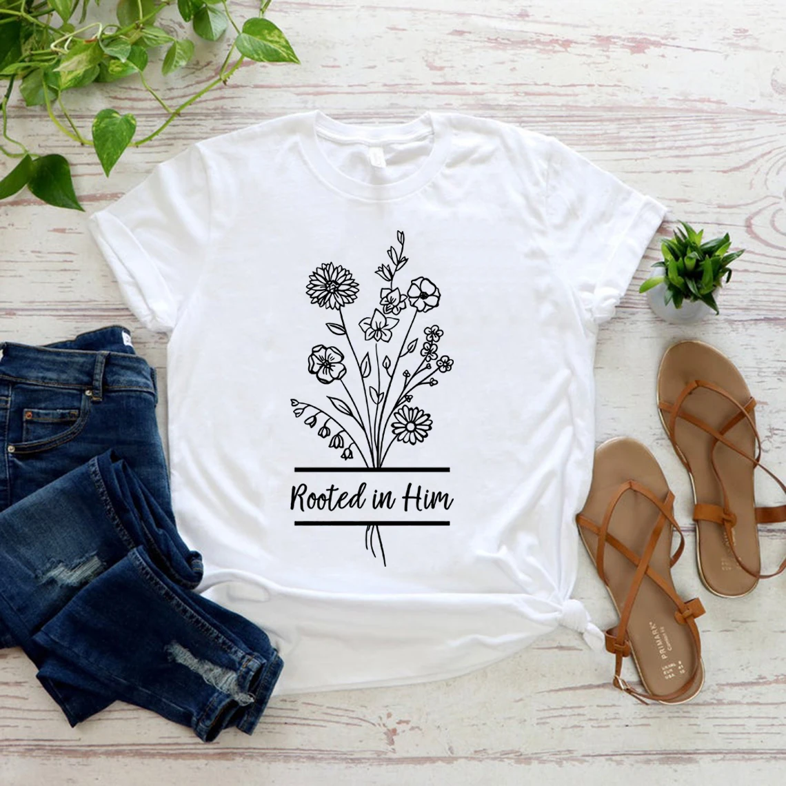 

Rooted In Him Christian T Shirt Colossians 2:6-7 T-Shirt Women Tshirts Graphic Tee Cute Wildflower Tshirt Faith Based T-shirt