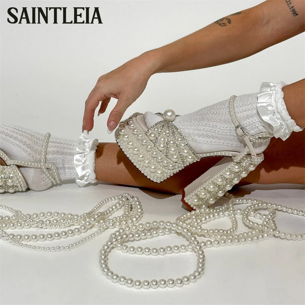 

Faux Pearls Rhinestones Platform Sandals Luxury High Block Heel Summer Shoes Ankle Strap Pin-Buckle Fastening Women's High Heels