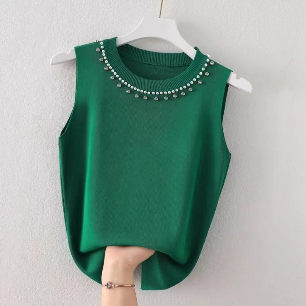 Einfache, beliebte, einfarbige, ärmellose Strickweste für Damen – Vielseitiges Sommer-Oberteil 2026 mit Rundhals und Perlen – Lässiger Trend – Detail 4