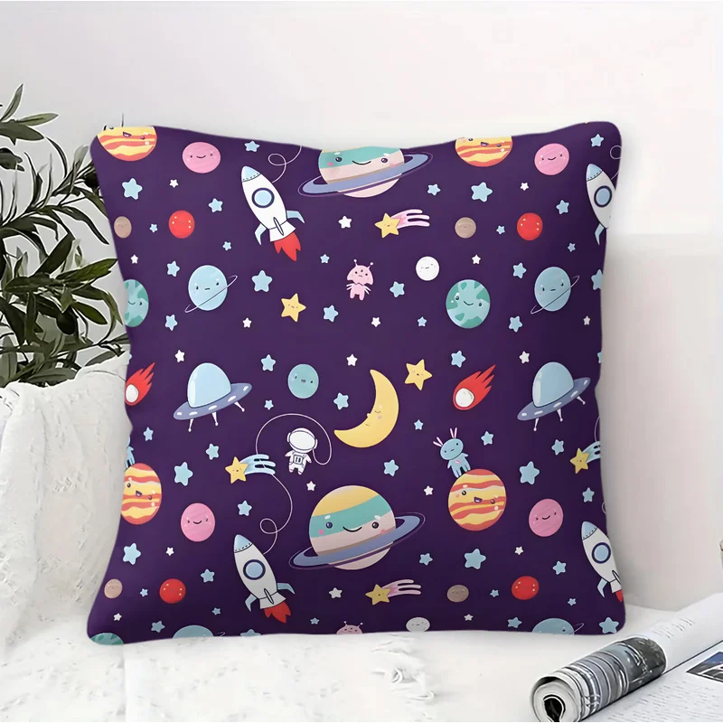 45x45cm-1Pc Microfiber Square Throw Pillow(With Pillow Insert),Machine Washable,Ultra-Soft,Cute Astronaut Rocket Planet Print