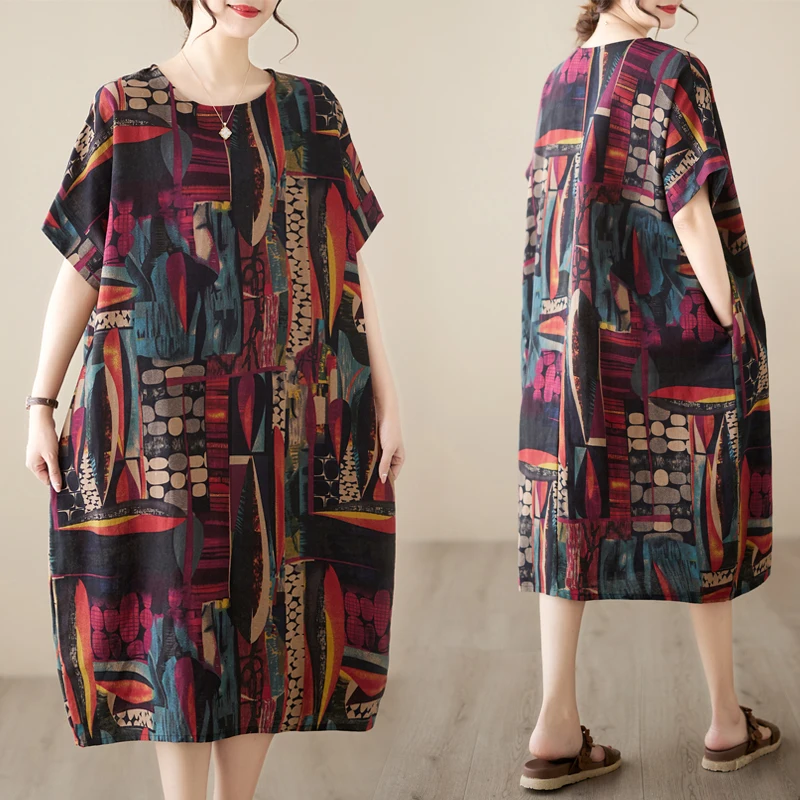 

Новое летнее художественное платье миди из хлопка и льна в корейском стиле с принтом, скрывающее живот, винтажное, для похудения, с омолаживающим эффектом