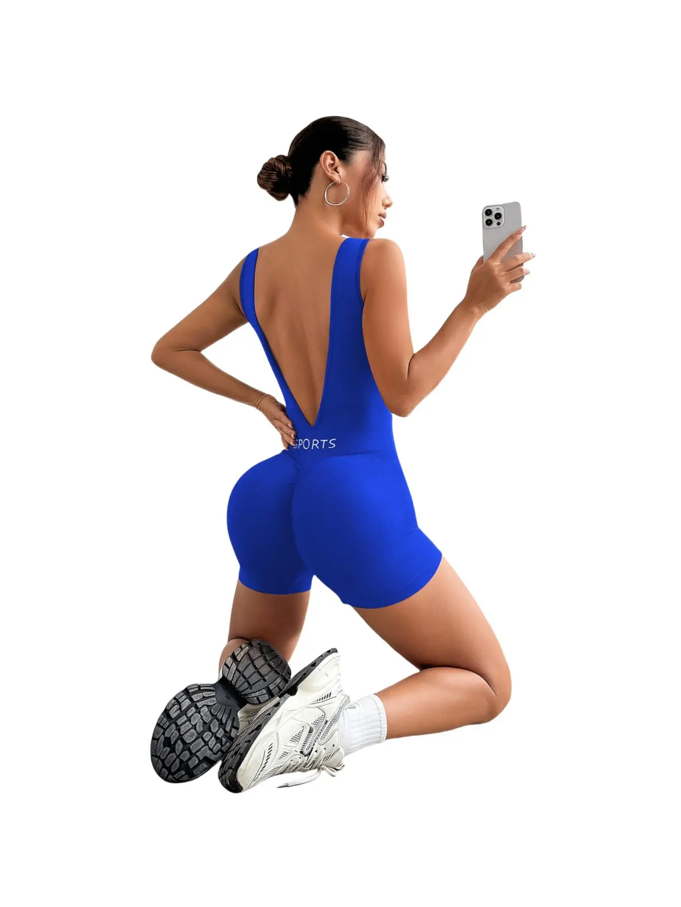 Women's Backless Athletic Romper Tummy Control Workout Jumpsuits Seamless Scrunch Letter Print Yoga Bodysuit