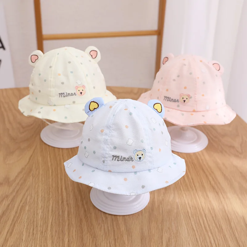 Cute Dot Cartoon Bear Mesh Baby Bucket Hat New Children Cotton Sunscreen Caps Boy Girl Panama Hat Unisex Fishing Hat For 3-12M