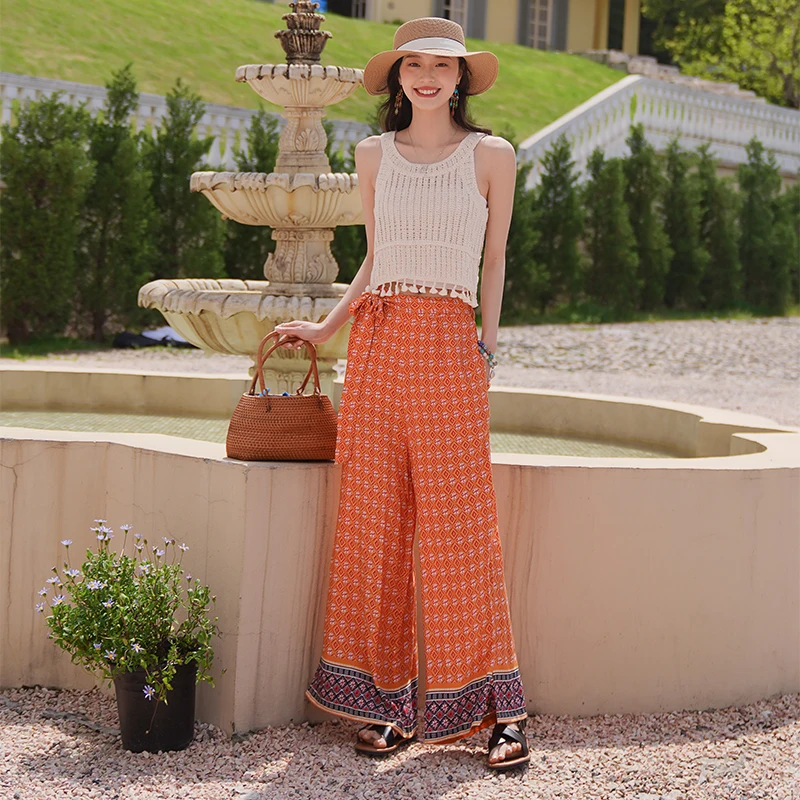 

Брюки-кюлоты с высокой талией и широкими штанинами, с поясом, защитой от солнца, в этническом стиле, свободного кроя, повседневные, из хлопка