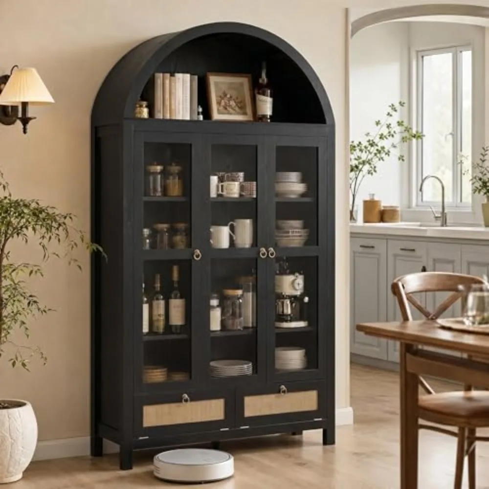 75'' Arched Cabinet with 3 Glass Doors, Pantry Cabinet for Kitchen | Arch Cabinet, Pantry Cupboard with Rattan Drawers