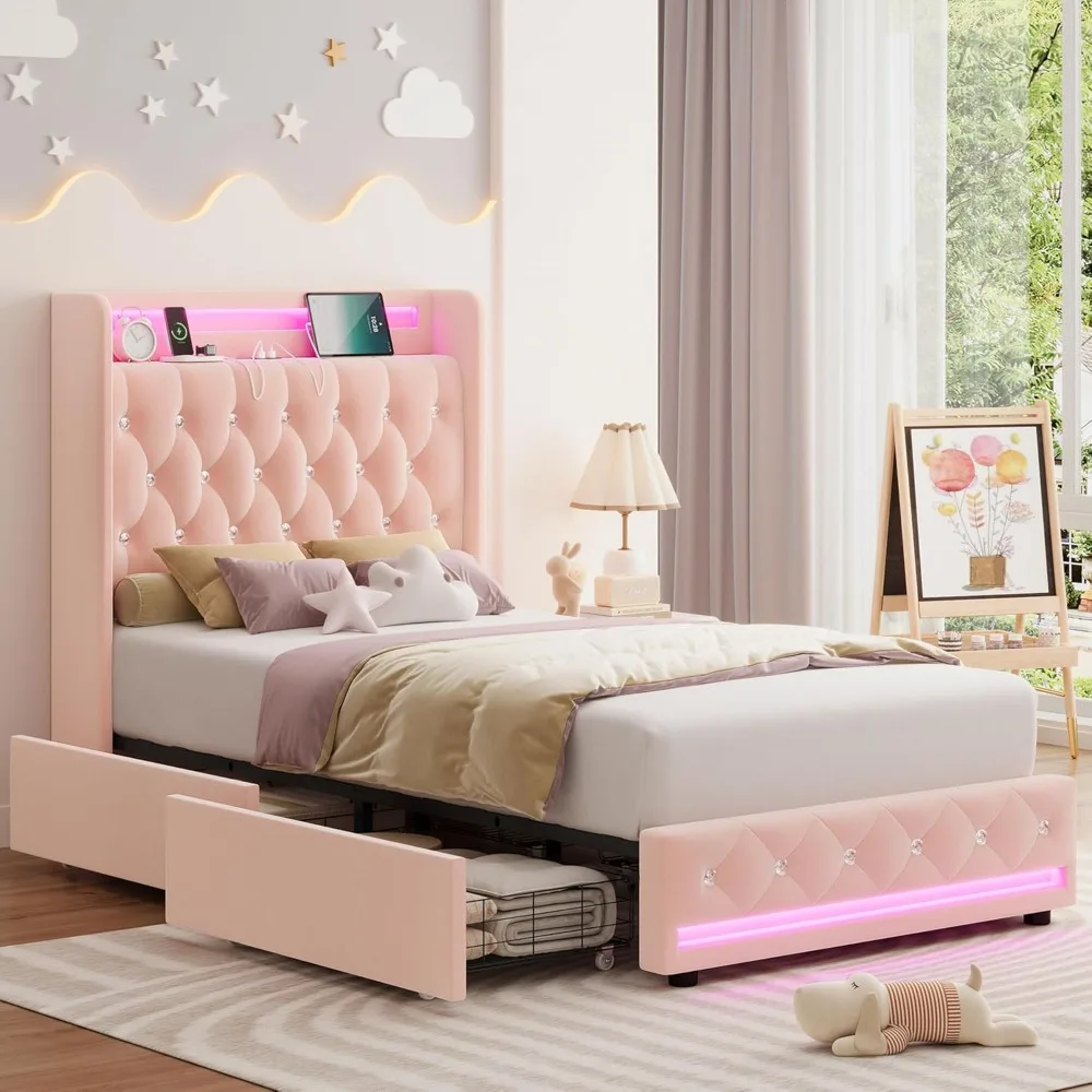 Upholstered Twin LED Bed Frame with Charging Station Headboard & 4 Storage Drawers, Velvet Crystal Button-Tufted Princess