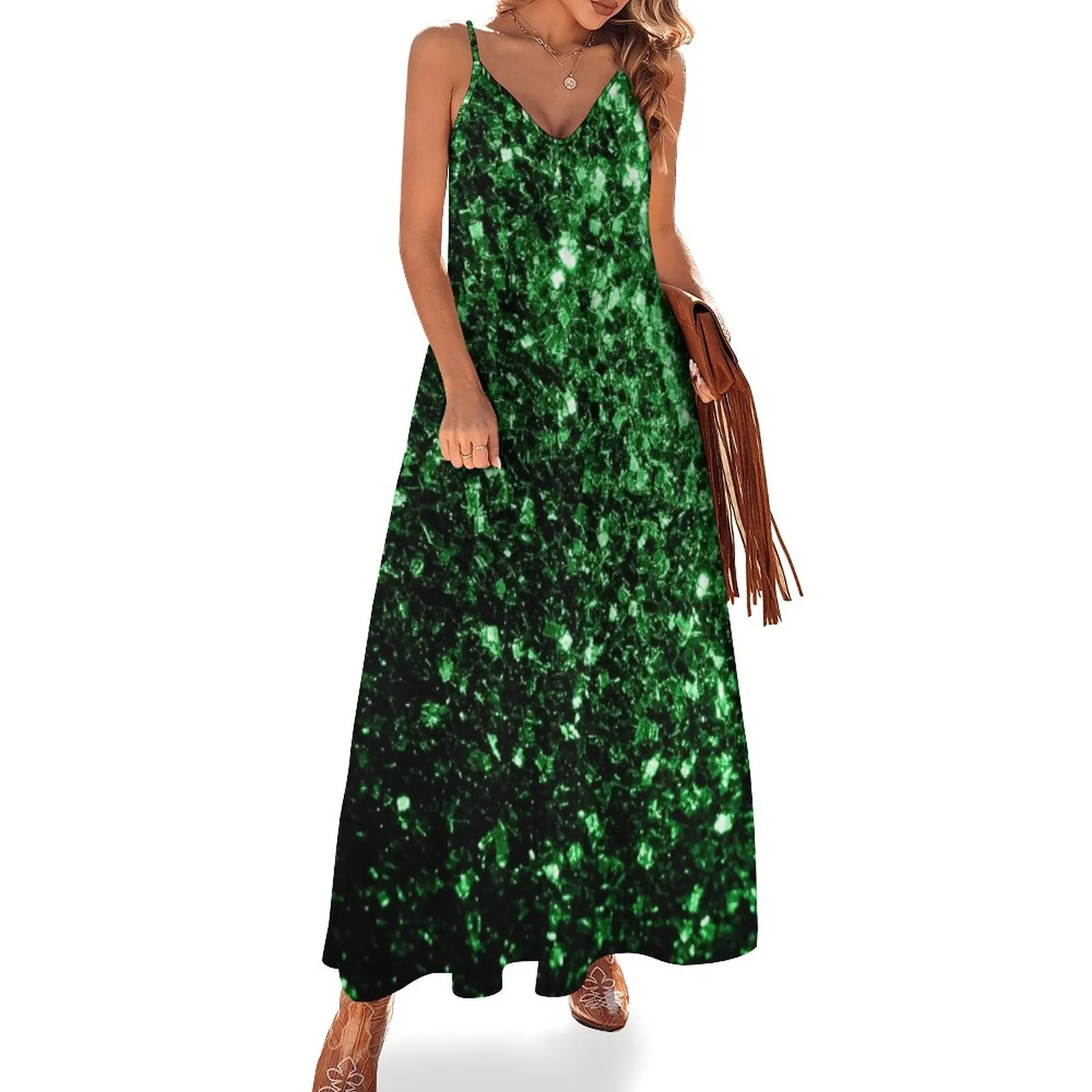 

Glamour Dark Green faux glitter sparkles Sleeveless Dress elegant guest wedding dress Women's evening dress Evening gown