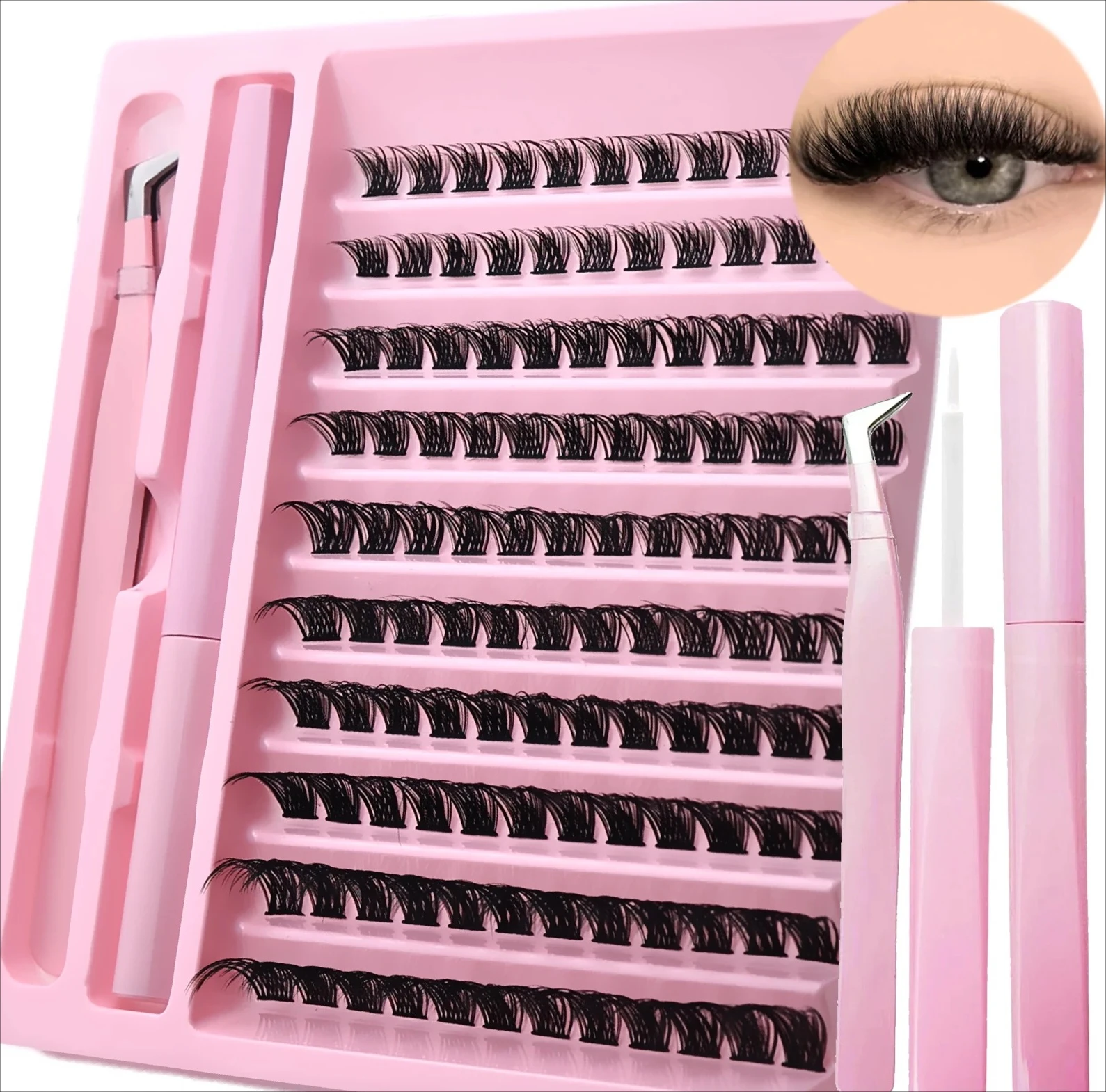 Kit d'extension de cils DIY, 10 rangées de bouquets de cils courbés en D, volume moelleux avec colle et pince à épiler pour débutants, usage domestique