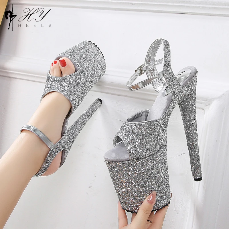 Sandalias de tacón alto sexys para baile en barra, Stiletto, hebilla de correa en el tobillo, lentejuelas, purpurina, modelo superior, pasarela, 20cm/8 pulgadas