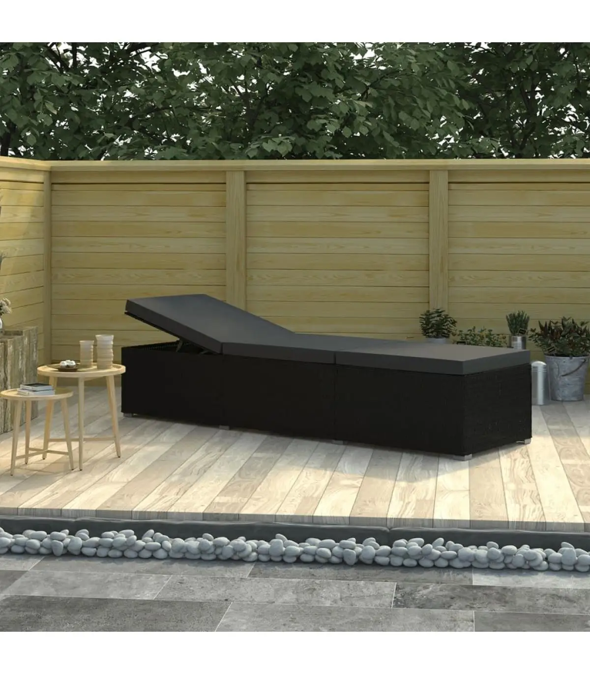 Black synthetic rattan cushion loungers