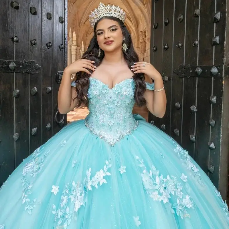 Water Blue Off The Shoulder Princess Ball Gown Quinceanera Dress Classic Applique Lace Beads Tull Sweet 16 Dress Vestidos 15 De