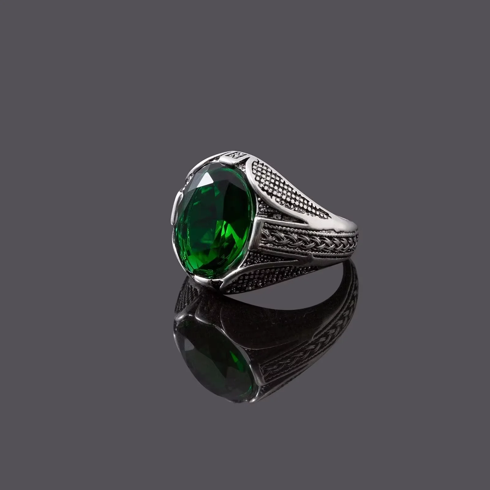 Fashion Green Crystal Men's Pattern Ring Retro Personality Turkish Style Party Jewelry Accessories