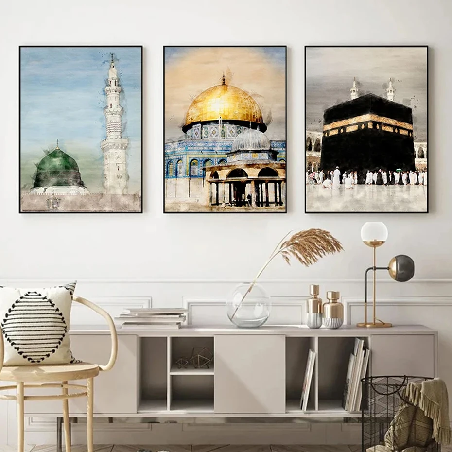 3PCS Islamic Masjid Al-Aqsa Mosque Dome Jerusalem Poster Muslim Wall Art Canvas Painting Print Picture Living Room Decor