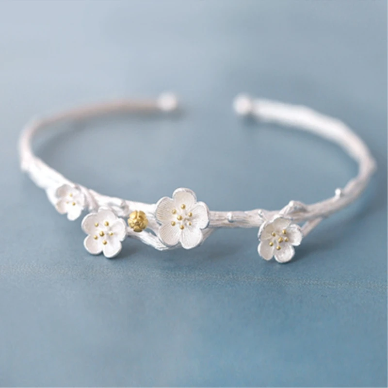 925 Sterling Silver Creative Plum Blossom Cherry Blossoms Female Trendy Resizable Opening Bangles BR001