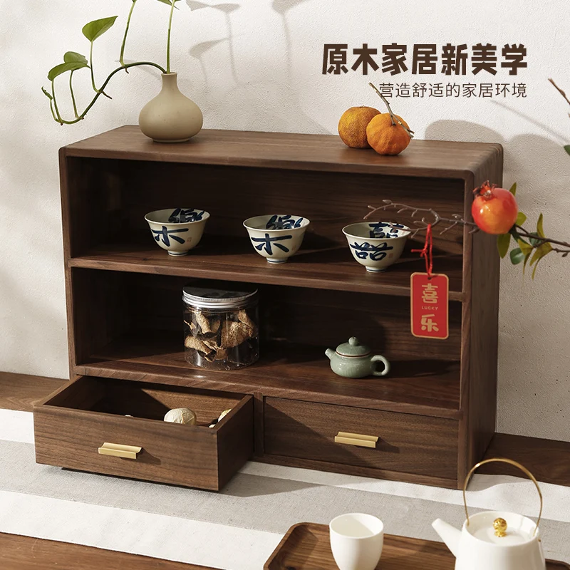 Factory Direct 2026 Black walnut desktop storage cabinet, side cabinet, multi-layer tea set, cup, Chinese solid wood storage rac