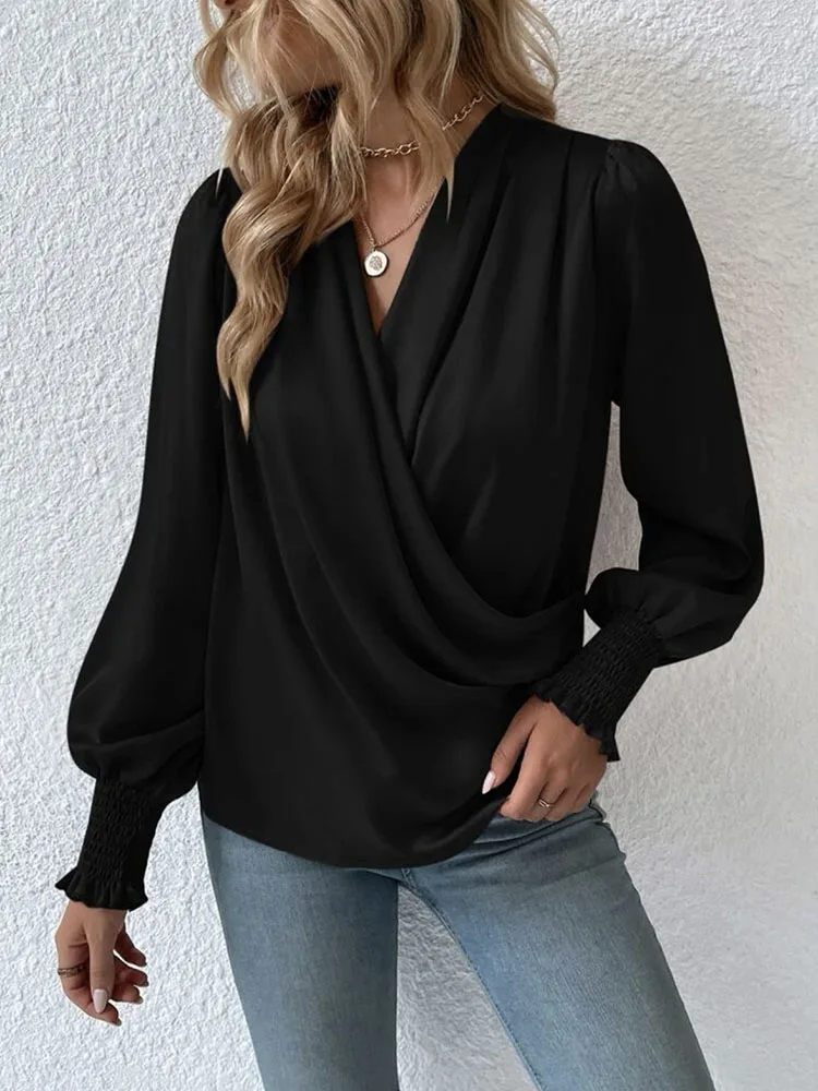 New Women\'s Simple Cross Pleated V Neck Shirt Spring And Summer Solid Color Retro Lanternlong Sleeved  Female White Office Shirt