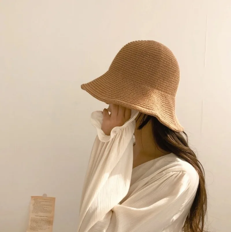 Korean Summer Breathable Solid Color Bucket Hat Women's Outdoor Straw Woven Literary Temperament Big Eaves Foldable Sun Cap