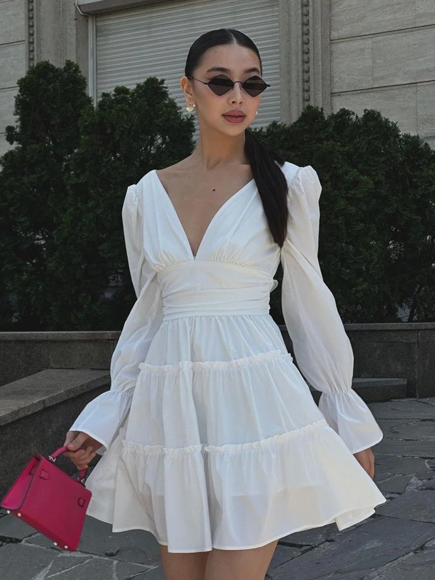 

Marthaqiqi Fashion Women Nightgowns Long Sleeve Nightwear Sexy V-Neck Pajamas Lace Up Nightie Mini Dress White Ladies Sleepwear