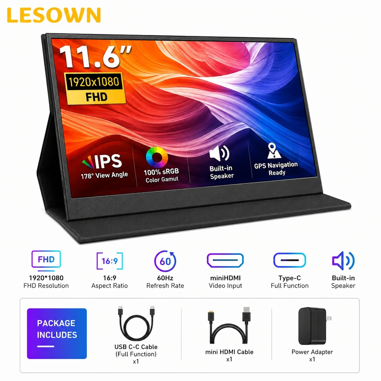 LESOWN 11.6 Inch Second Screen 1080P IPS External Monitor Instant Connection VESA 75 Gaming Screen for Switch