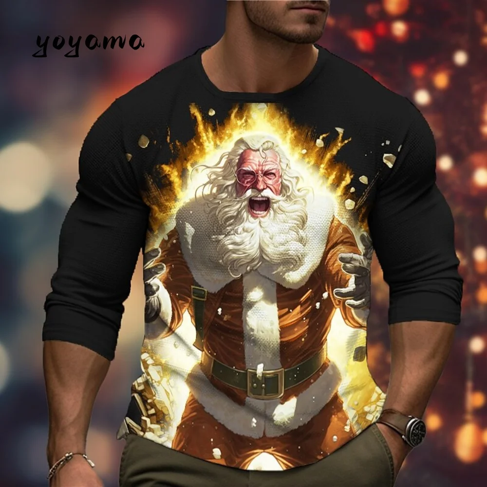 Men Long Sleeved T-Shirt 3D Print Santa Claus Pattern Autumn Christmas Theme Fashion Plus Size Men Clothing Loose O-Neck Men Top