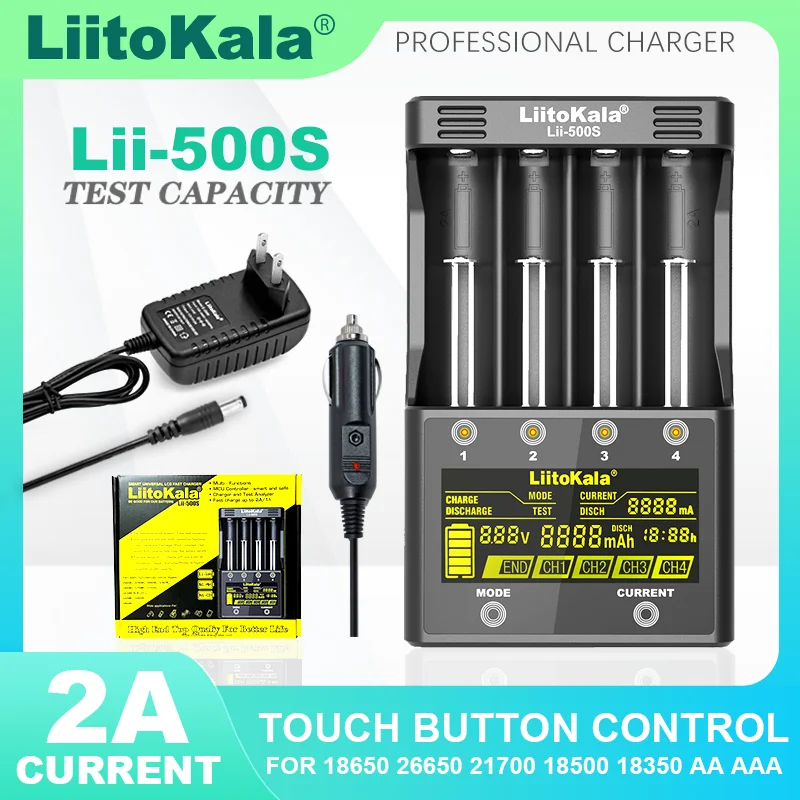 LiitoKala Lii-500S battery Charger For 3.7v 18650 26650 21700 18350 1.2v AA AAA batteries Test Battery capacity Touch control