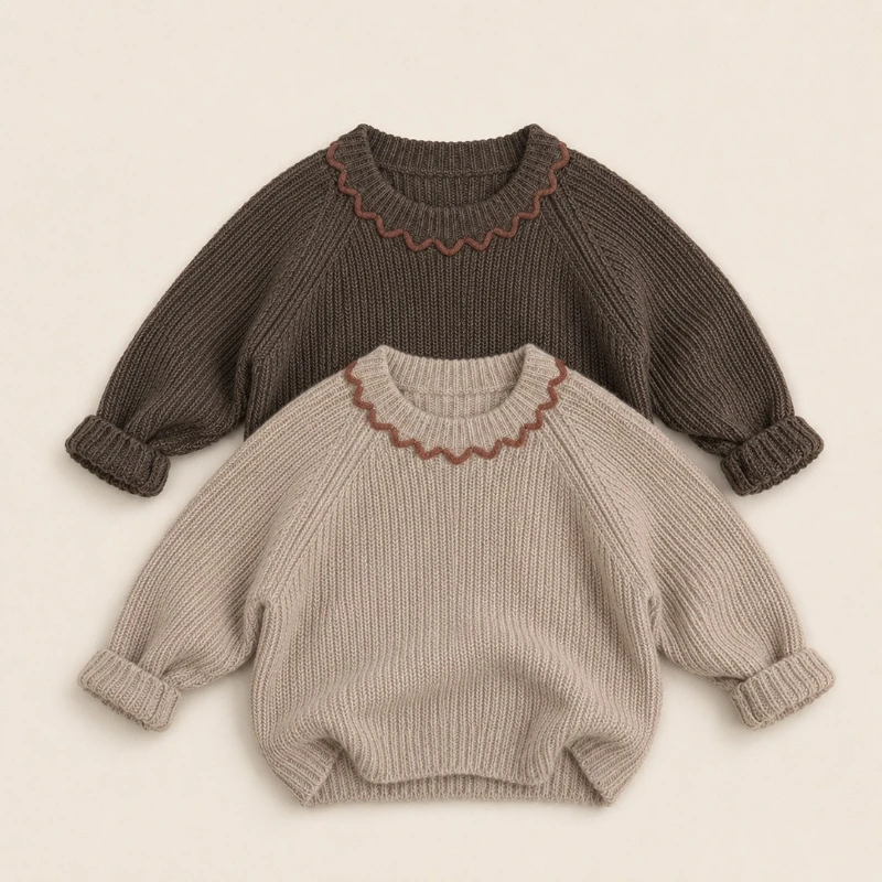 Girl's Contrasting Wave Lace Round Neck Sweater Autumn and Winter Thick Children's Long Sleeved Pullover Knit Sweater