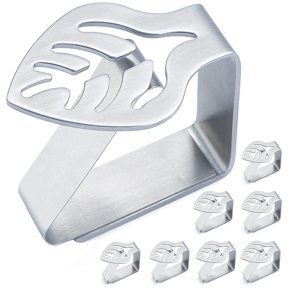 シルバーステンレススチールテーブルクロスクリップ、クリエイティブな葉の形をしたテーブル固定クリップ、厚く滑り止めラック、8個