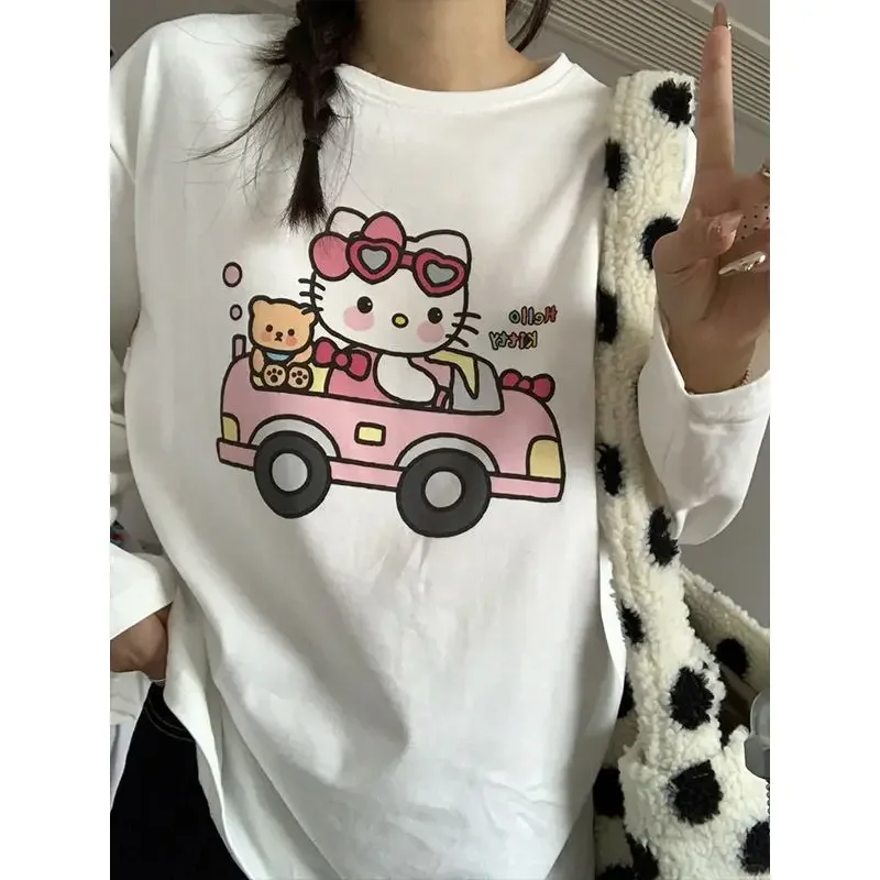 Hello Kitty Anime Long-sleeved T-shirt Sanrio Kawaii Women Autumn Loose Versatile Cotton Top Cute Girly Heart Bottoming Shirt