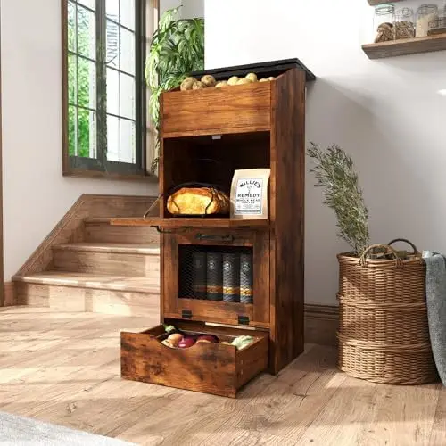 16.0" Potato and Onion Storage Bin, Bread Box | Fruit and Vegetable Rack, Removable Drawer, Flip-top, Mesh Doors