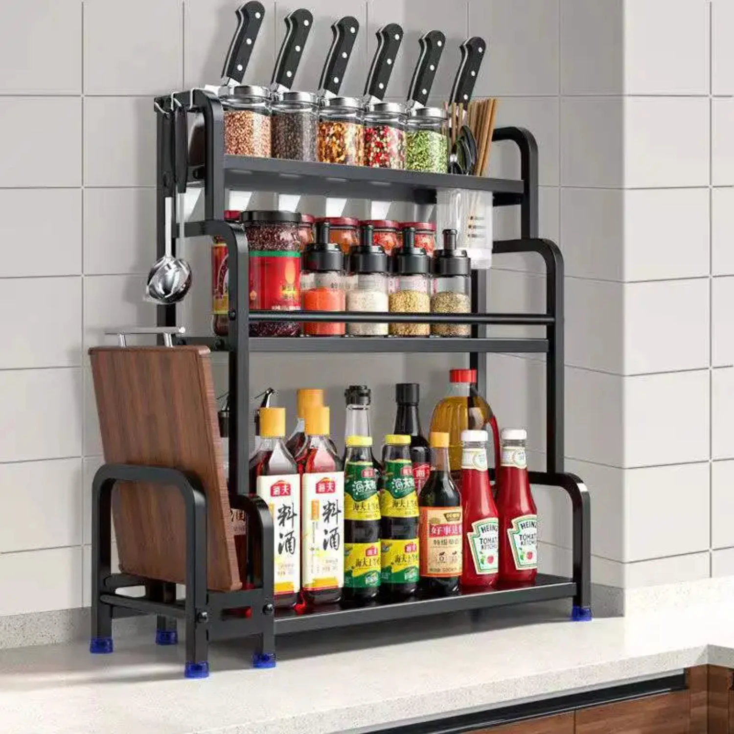 Stylish Stainless Steel 2/3Layer Kitchen Shelf for Seasoning Jars and Spices with Chopsticks Organizer and Accessories Pegboard