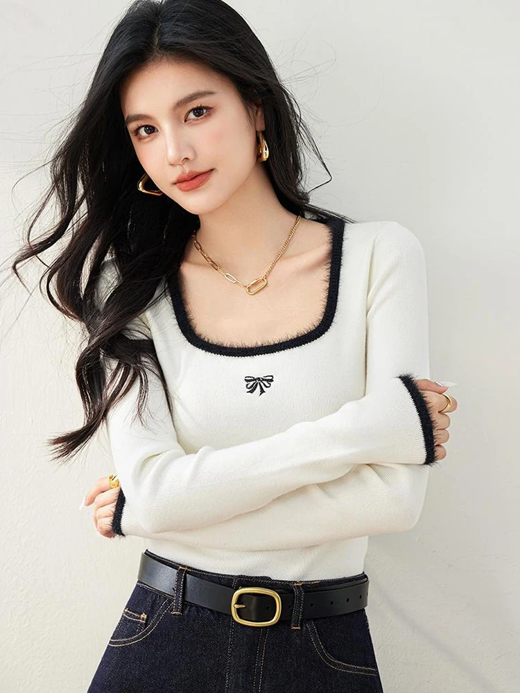 Autumn Winter Sweet Bow Sweater Women Square Neck Long Sleeve Knitted Pullover Gentle Style Slim Fit Tops