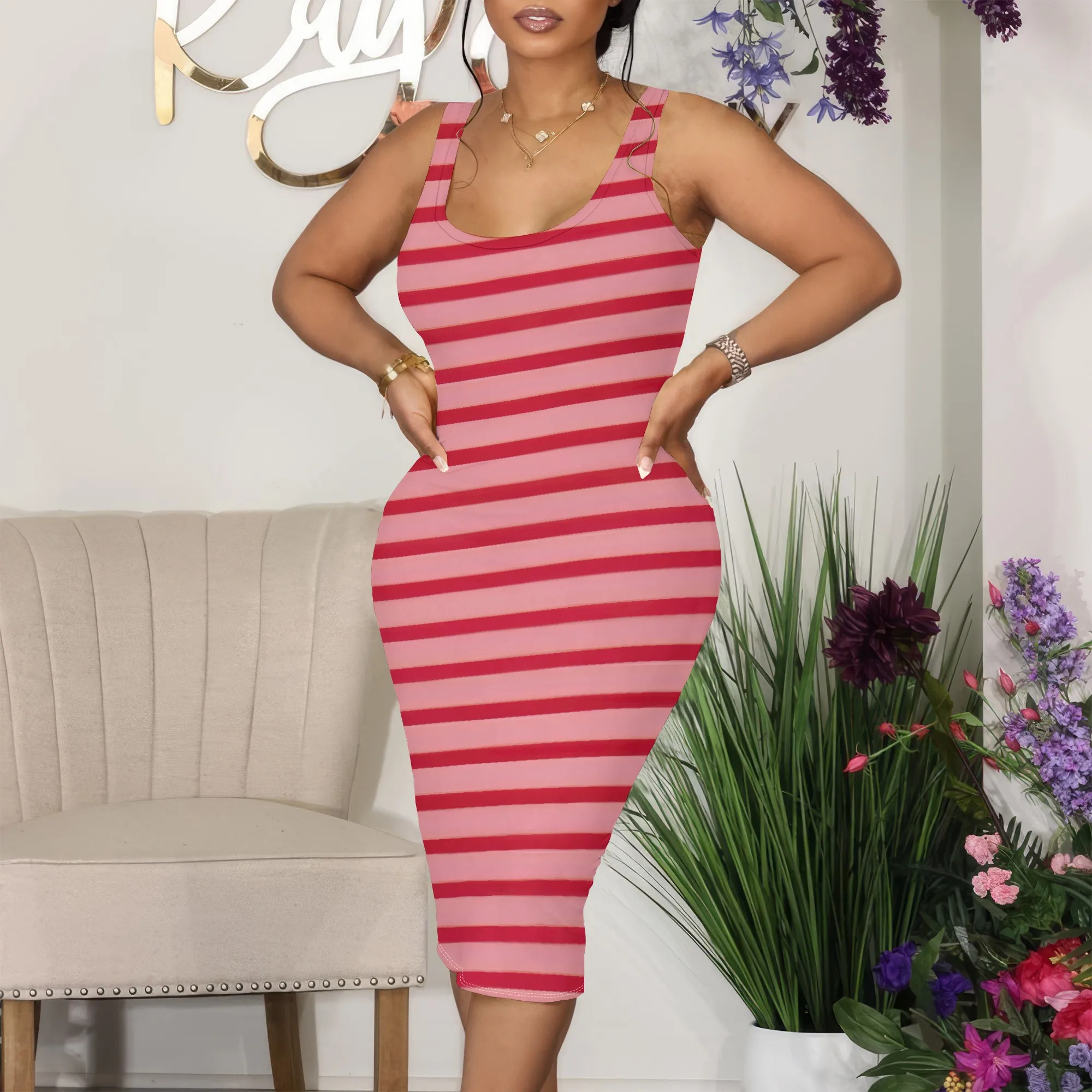สตรี 2025 ฤดูร้อนลายแขนกุด Midi ชุดเข้ารูป Beach Sundresses