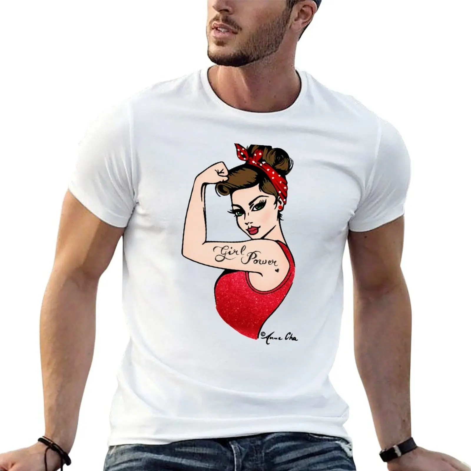 

Girl Power by Anne Cha Modern Rosie the Riveter T-Shirt man graphic t shirt funny t shirts cotton man t shirt luxury T-shirt