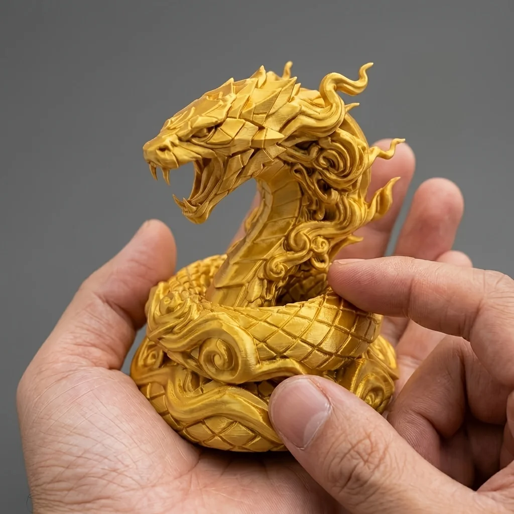 Coiled Cloud Scale Serpent Figurine 3D Printed Fierce Golden Snake Artwork Ornament Finish Reptile Desktop Home Table Decor Gift
