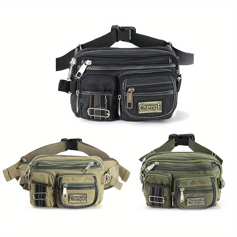 Vintage Canvas Bauchtasche mit mehreren Reißverschlusstaschen, verstellbarem Riemen, lässige Outdoor-Reise- und Fahrradtasche für Herren, für den täglichen Gebrauch – Detail 6