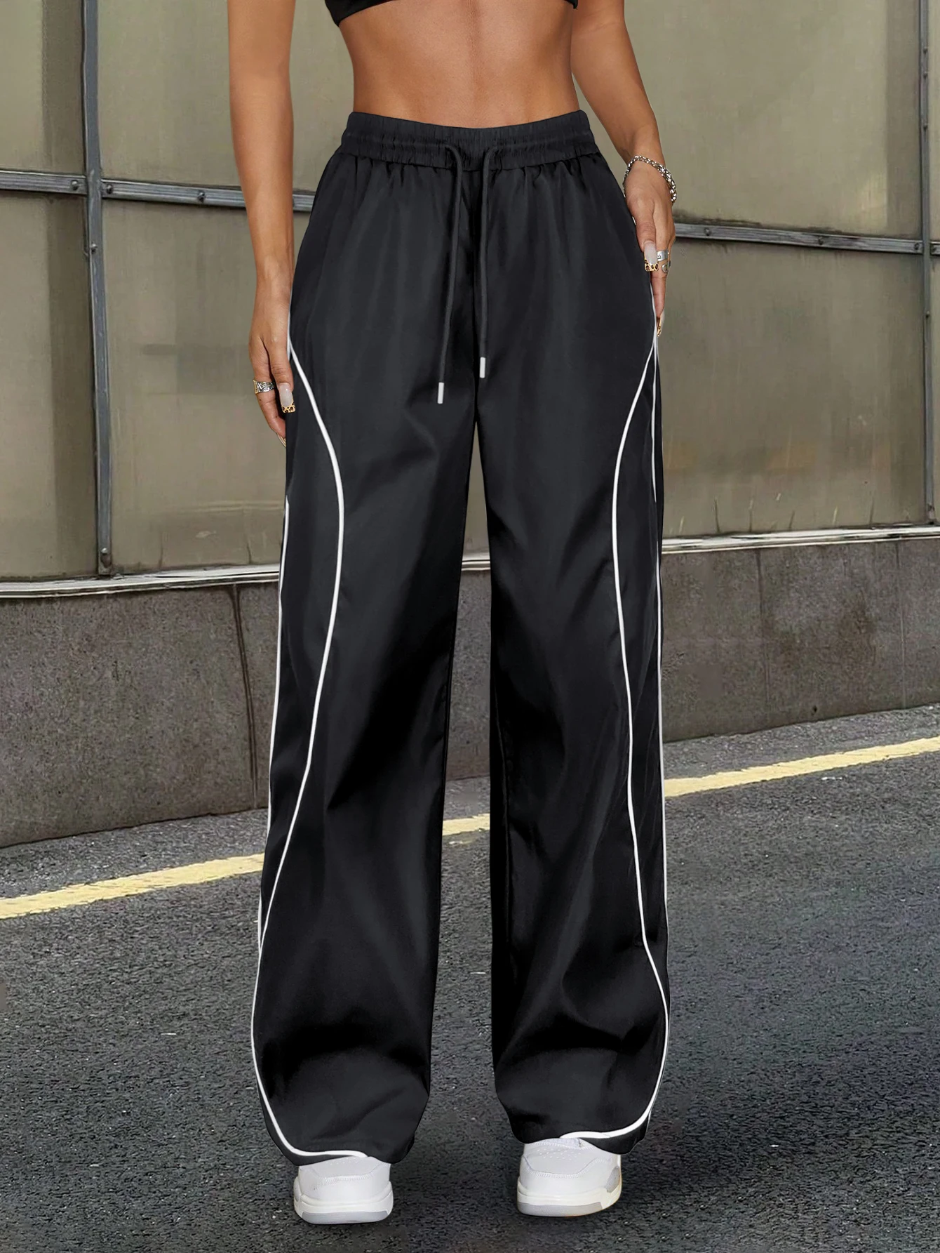 Y2K Casual Gestreepte Contrasterende Elastische Taille Werkkleding Parachutebroek Dames Mid-Rise Trekkoord Wijde Pijpen Loose Fit Cargo Broek