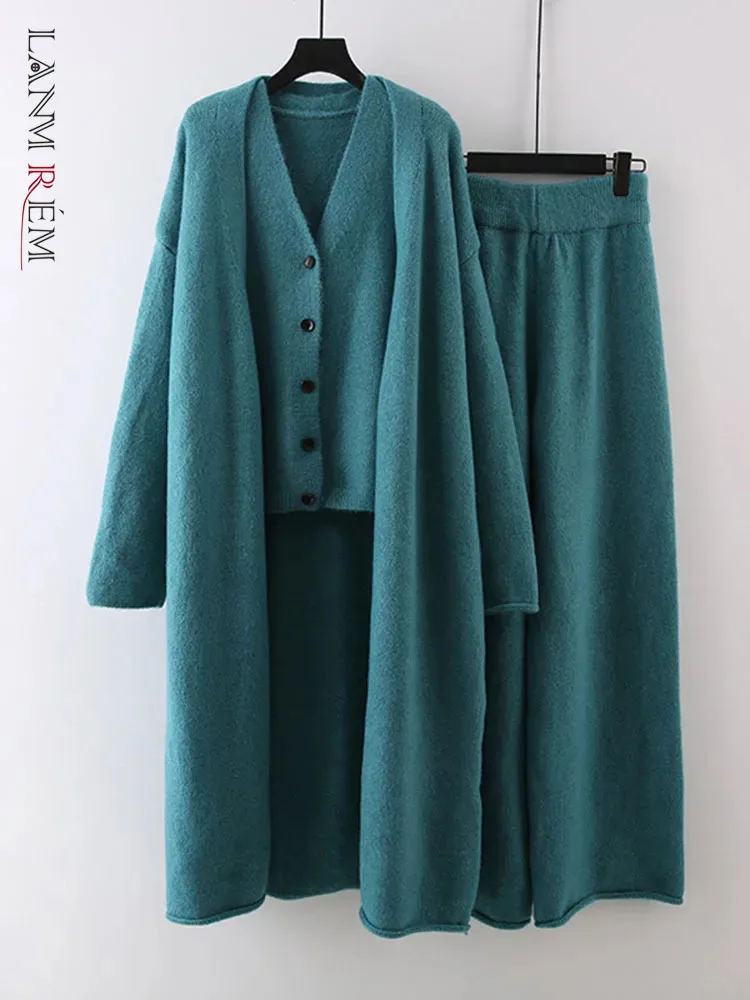 

LANMREM Women Knited Three-piece Set Mid Length Sweater Coat With Casaul Vest Wide Leg Pants 2024 Autumn New Clothing 2Z2243