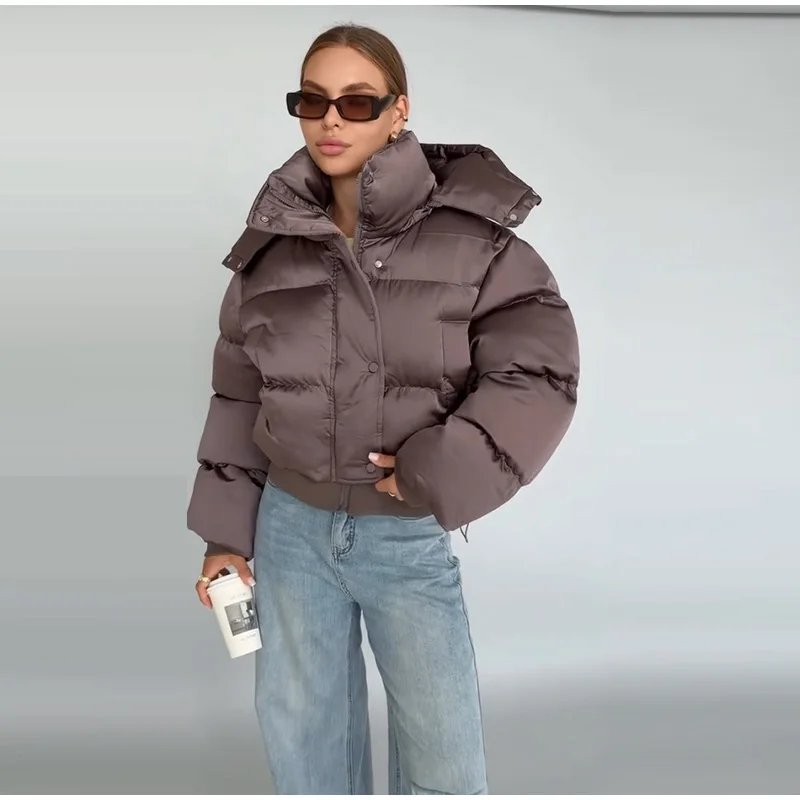 Solid Hooded Cropped Puffer Jacket Women Stand Collar Snap Button Loose Long Sleeve Jackets 2026 Winter Casual Warm Padded Coat