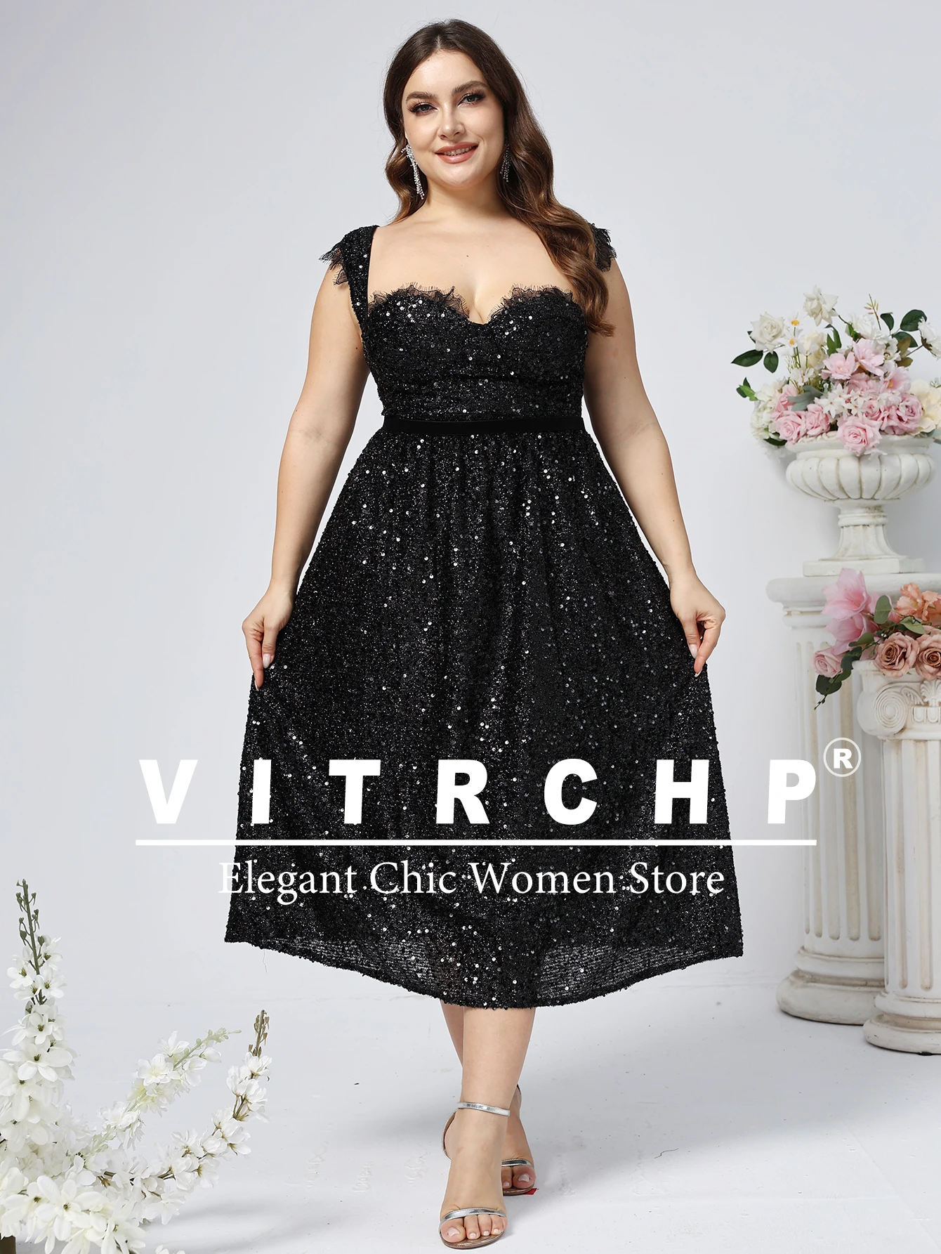 Sexy V-neck Formal Party Prom Dress Open Back Sequins Wedding Party Dress Lace Bridesmaid Dress Black Graduation Dress